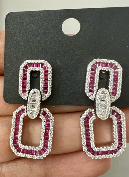 Baguette Diamond with Ruby Long Earrings on Pure 925 Silver