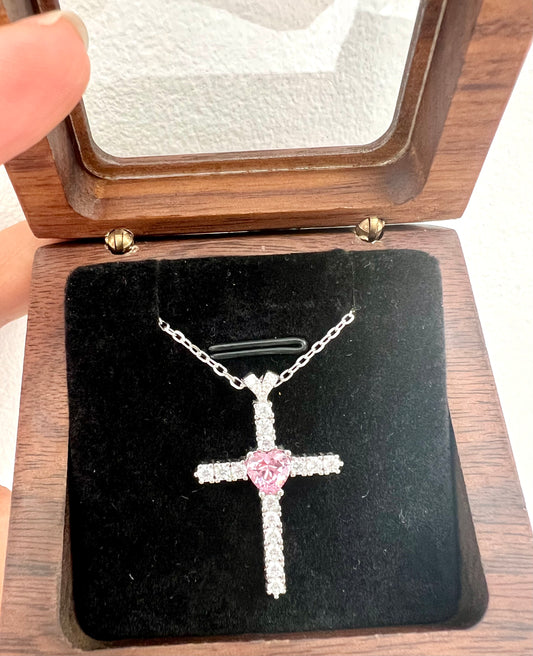 Diamond Studded Cross Pendant with Heart Sapphire Solitaire on Pure 925 Silver