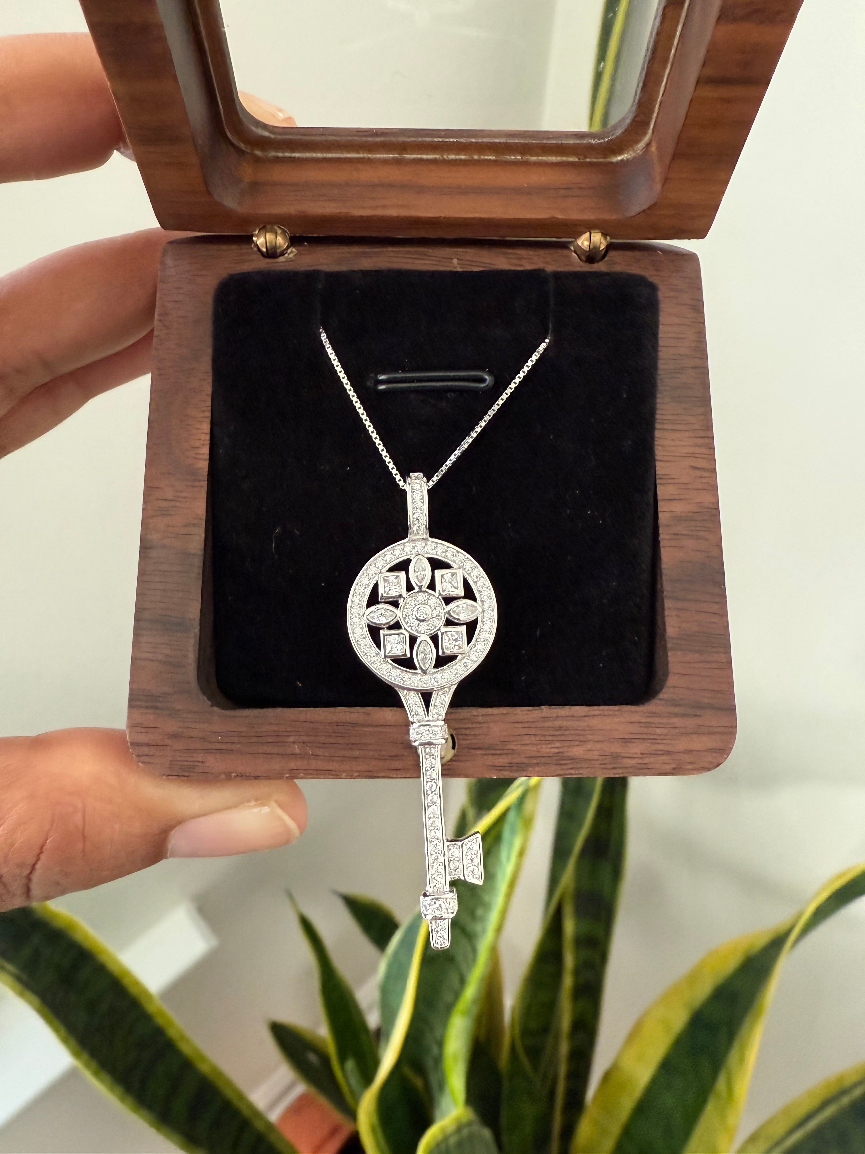 Diamond Studded Key Pendant with Chain on Pure 925 Silver