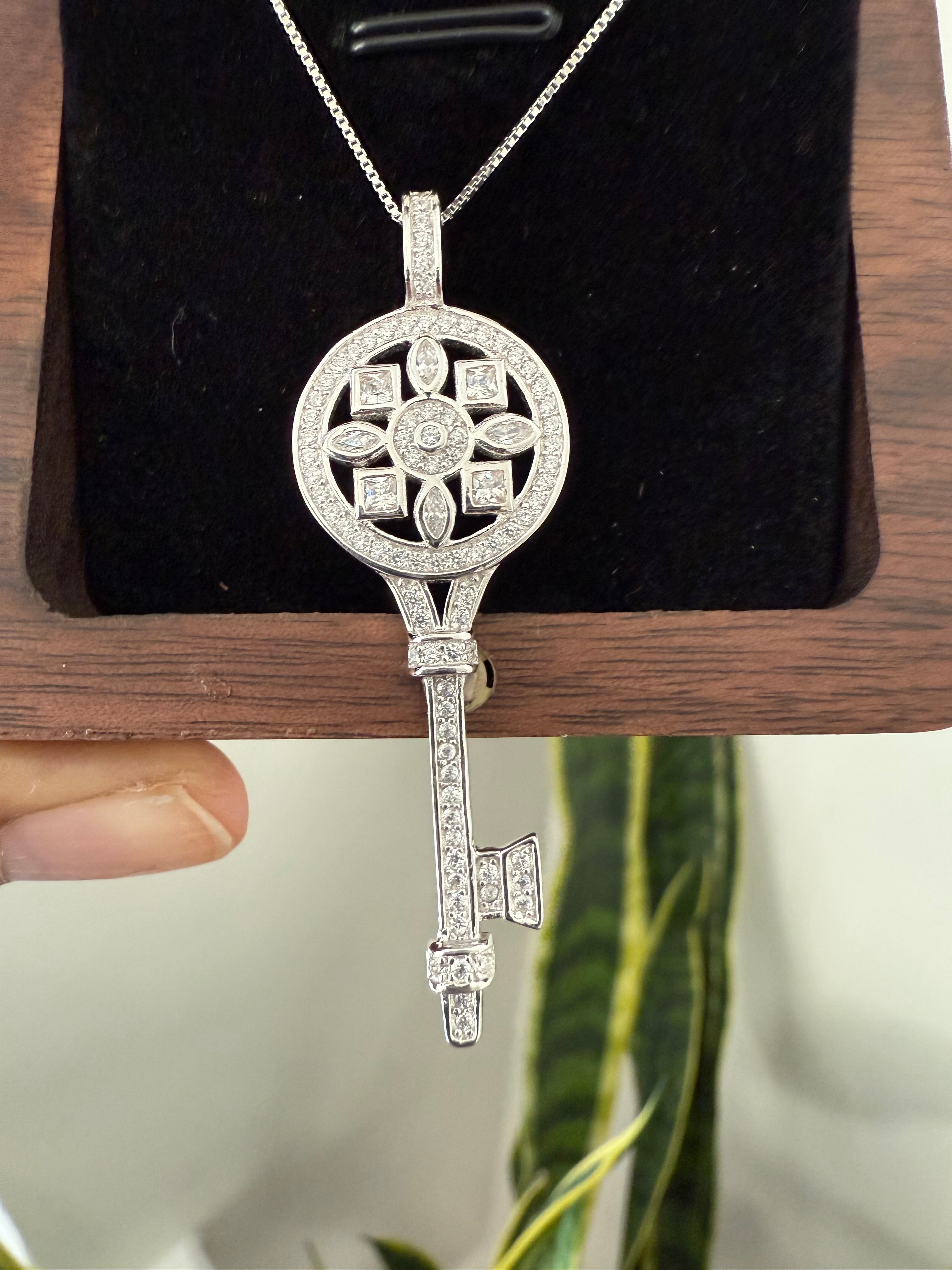 Diamond Studded Key Pendant with Chain on Pure 925 Silver