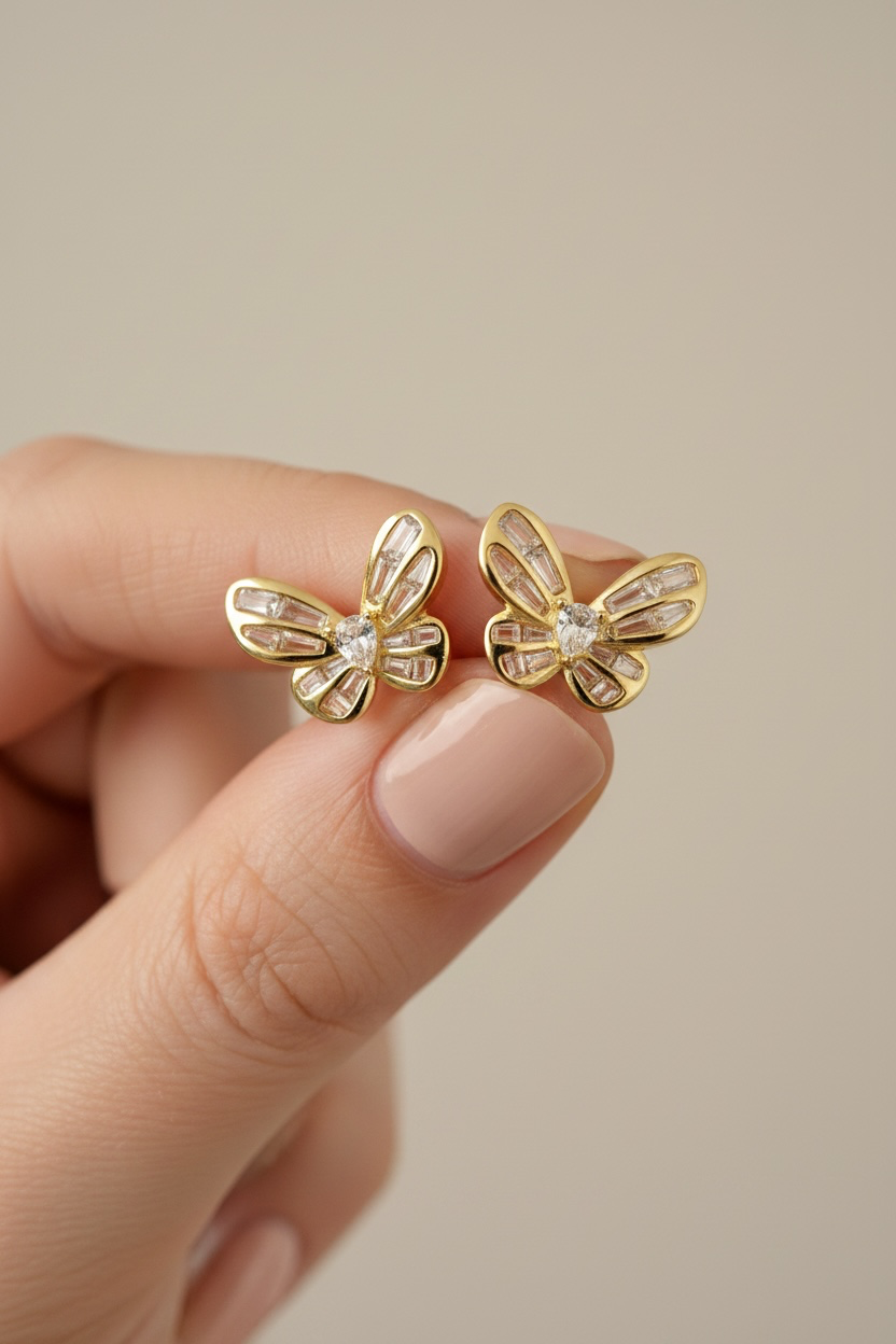 ECLAT Butterfly Earrings with Diamond in 14k Gold Finish