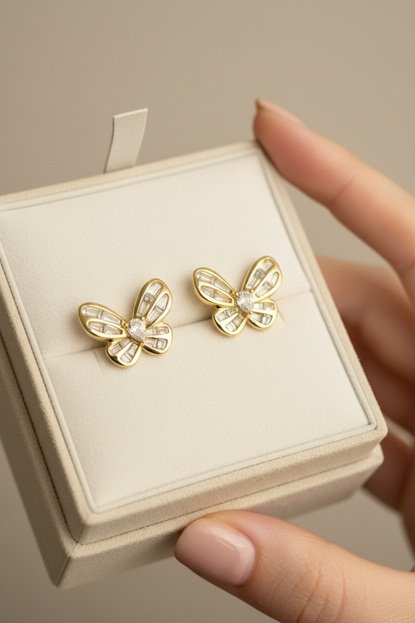 ECLAT Butterfly Earrings with Diamond in 14k Gold Finish