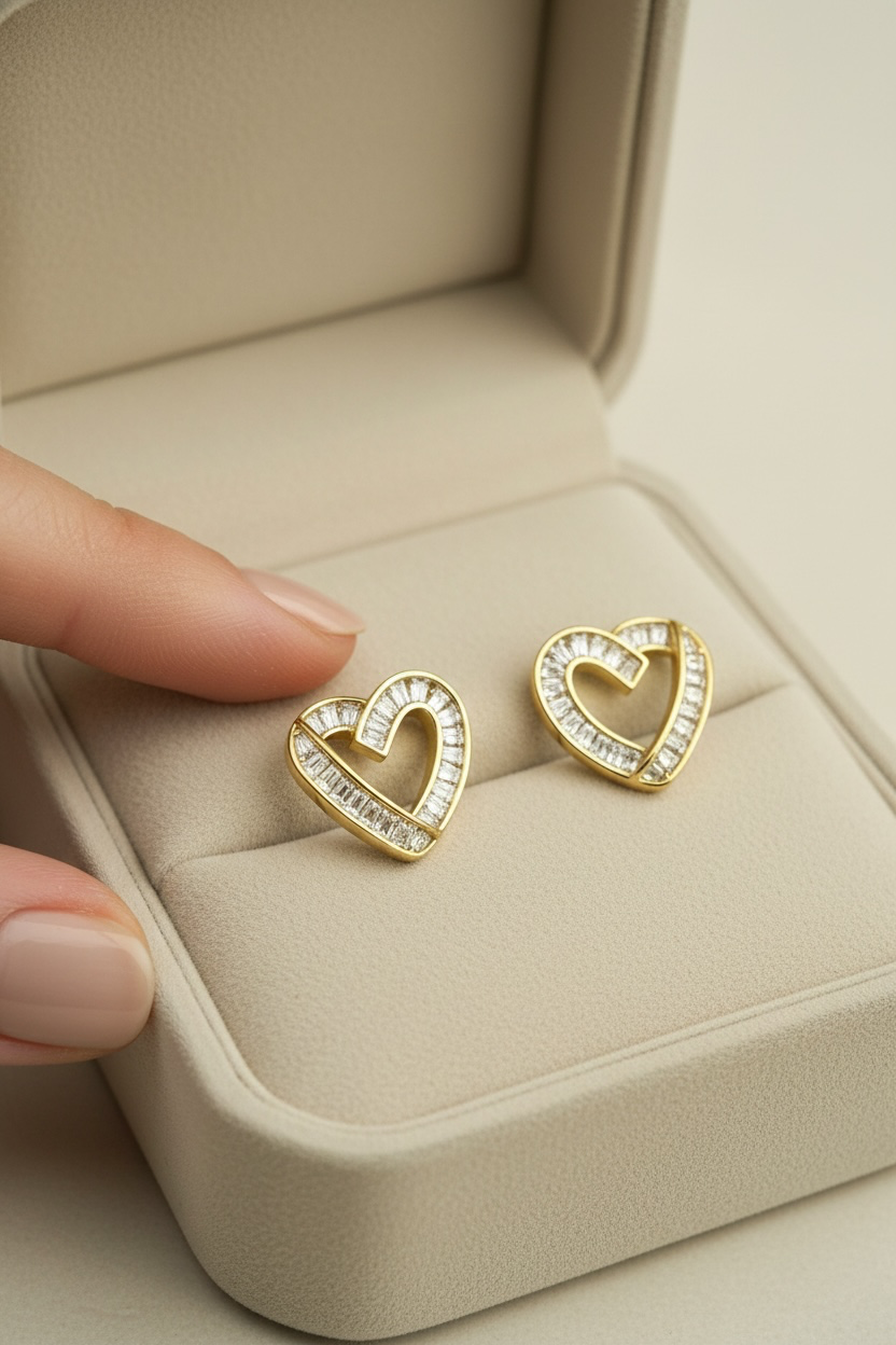 ELIN Heart shaped Gold Finish Studs on pure 925 Silver