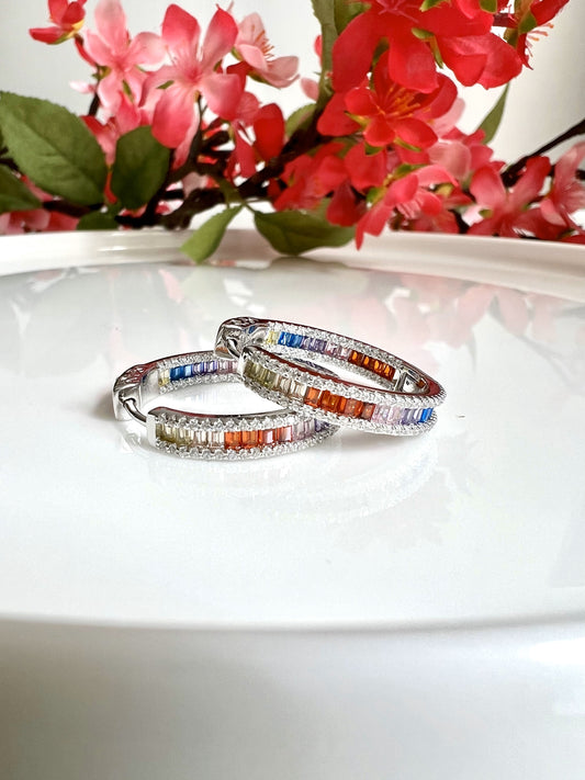Multi Colored Baguette Diamond Classic Round Hoops on Pure 925 Silver