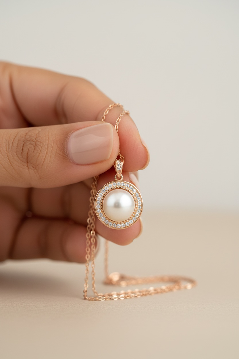 Rose Gold Diamond studded REYA Pearl Pendant with Chain on Pure 925 Silver