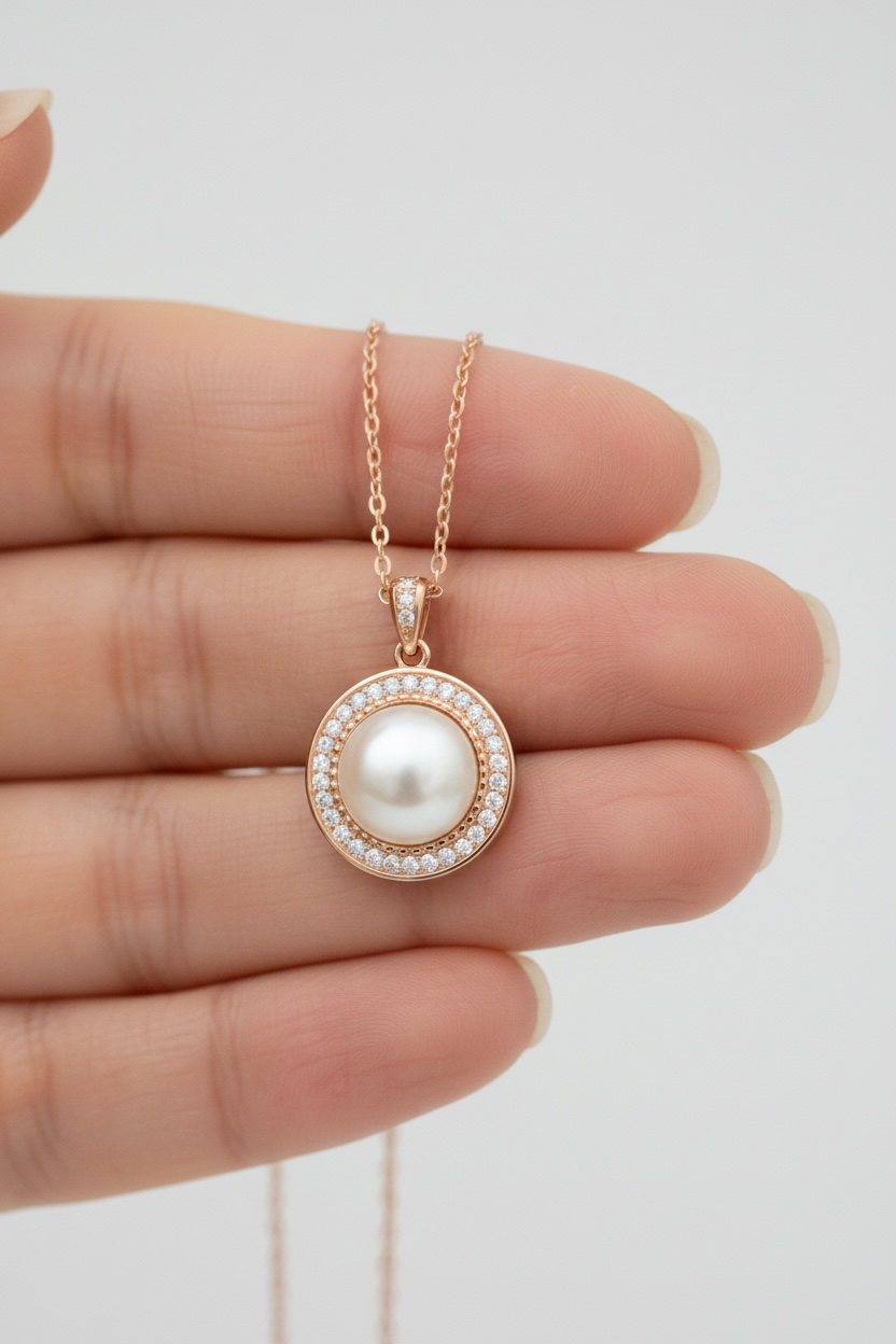 Rose Gold Diamond studded REYA Pearl Pendant with Chain on Pure 925 Silver