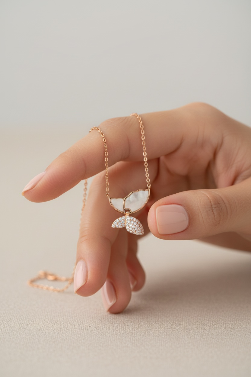 Rose Gold Finish Studded Mother of Pearl Butterfly Seren Pendant with Chain on Pure 925 Silver