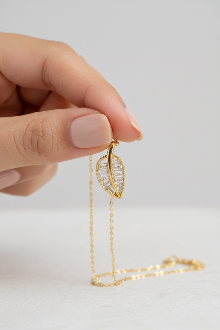 Studded Leaf Pendant with Chain on Pure 925 Silver