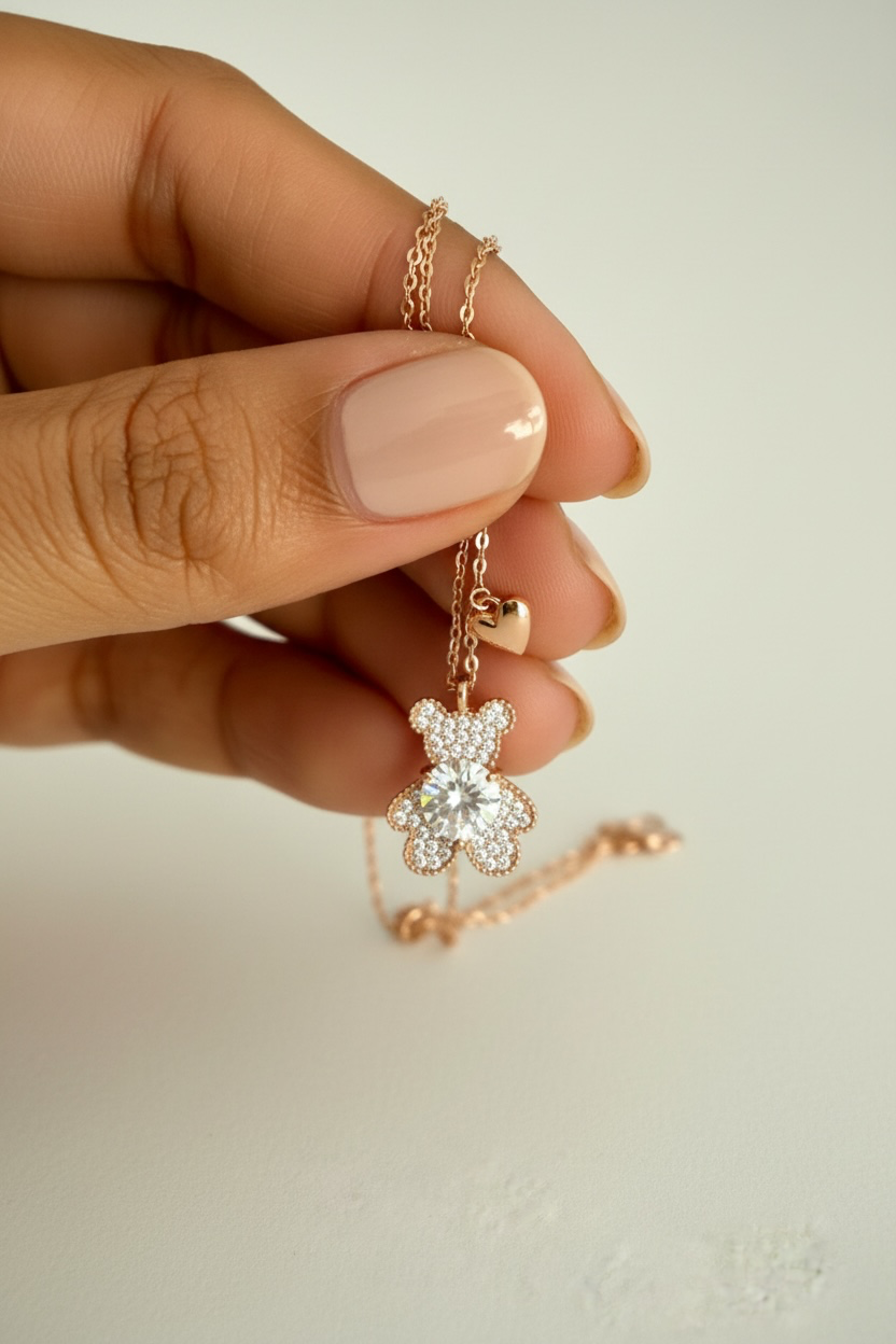Teddy Bear with Heart Solitaire Pendant with Chain on Pure 925 Silver