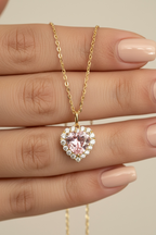 Pink Heart Solitaire Gold Finish Mary Pendant With Chain On 925 Silver
