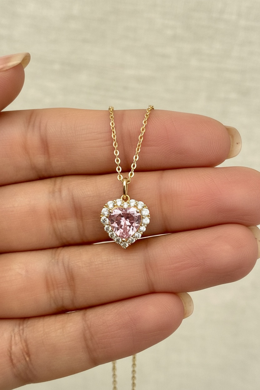 Pink Heart Solitaire Gold Finish Mary Pendant With Chain On 925 Silver