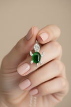 Green Emerald and Diamond Studded Lucky Tortoise Pendant with Chain on Pure 925 Silver