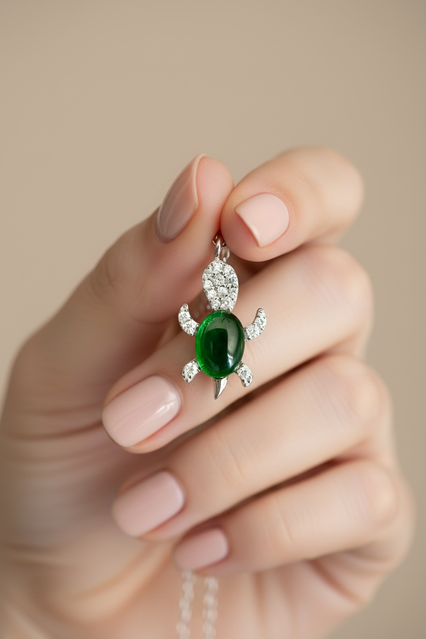Green Emerald and Diamond Studded Lucky Tortoise Pendant with Chain on Pure 925 Silver