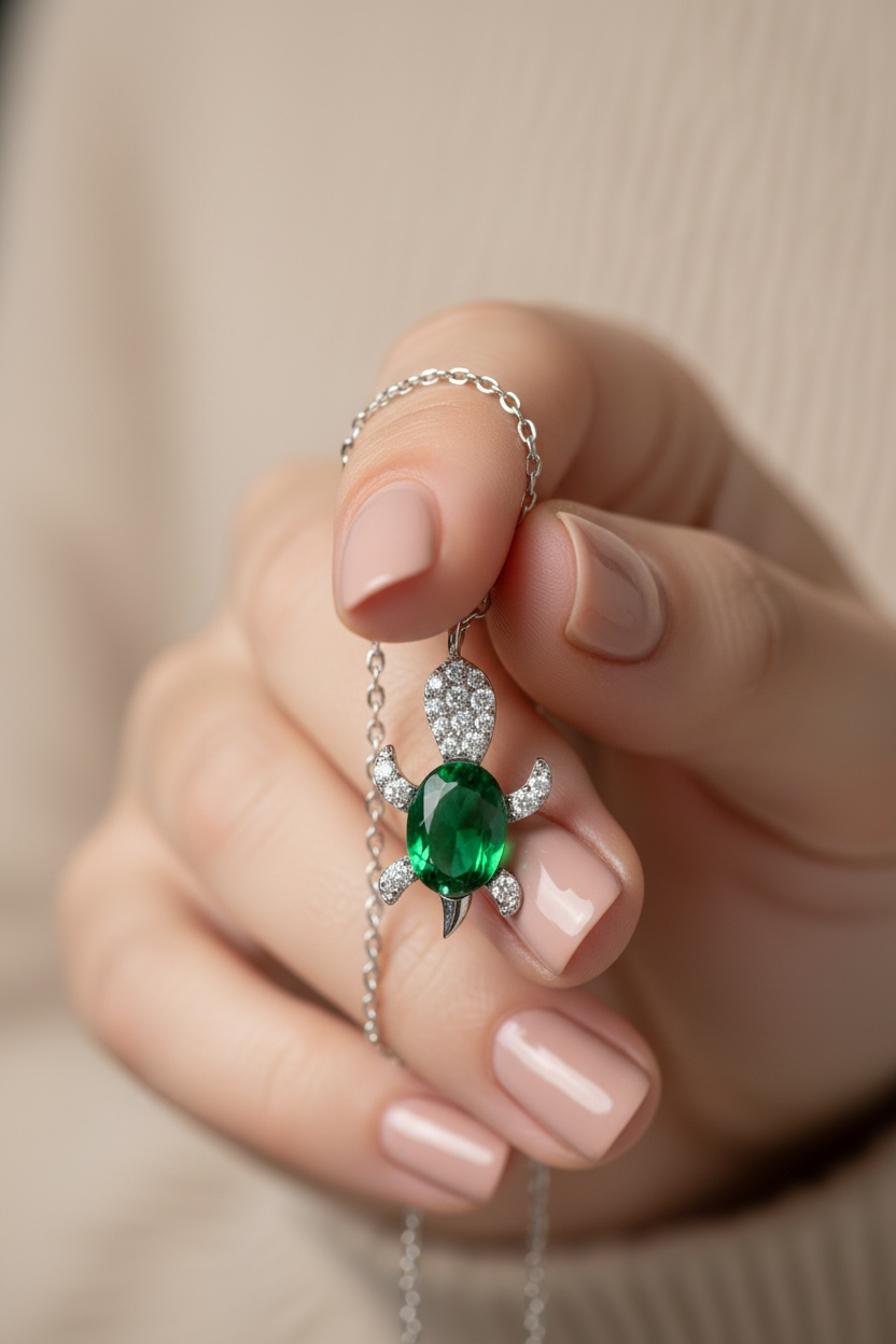 Green Emerald and Diamond Studded Lucky Tortoise Pendant with Chain on Pure 925 Silver