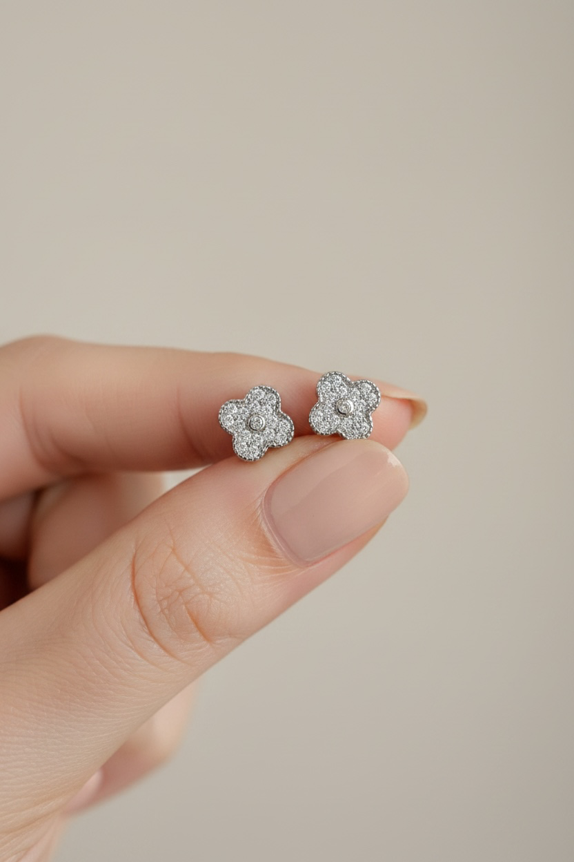 Diamond Studded Clover Studs on pure 925 Silver