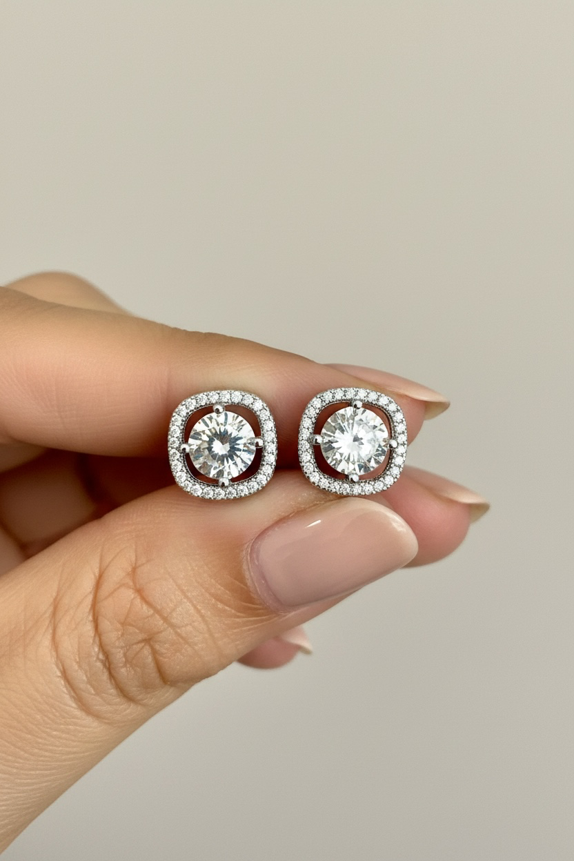 Premium CELERY Square Diamond Cluster Halo Studs with 1 Carat Centre Solitaire on Pure 925 Silver