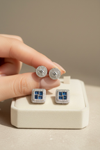 Blue Sapphire and Classic White Diamond Stud Earrings Combo on Pure 925 Silver