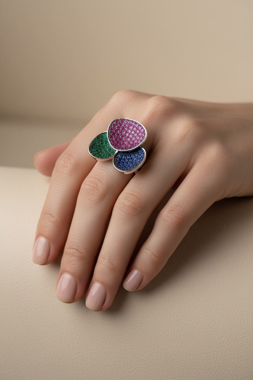 A close-up of a hand wearing a silver ring with three overlapping flower-like petals, each in green, pink, and blue, set against a warm beige background.