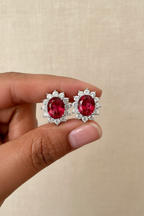 REINA Ruby Oval Solitaire with Round Cut Diamond Cluster Studs on pure 925 Silver
