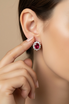 REINA Ruby Oval Solitaire with Round Cut Diamond Cluster Studs on pure 925 Silver