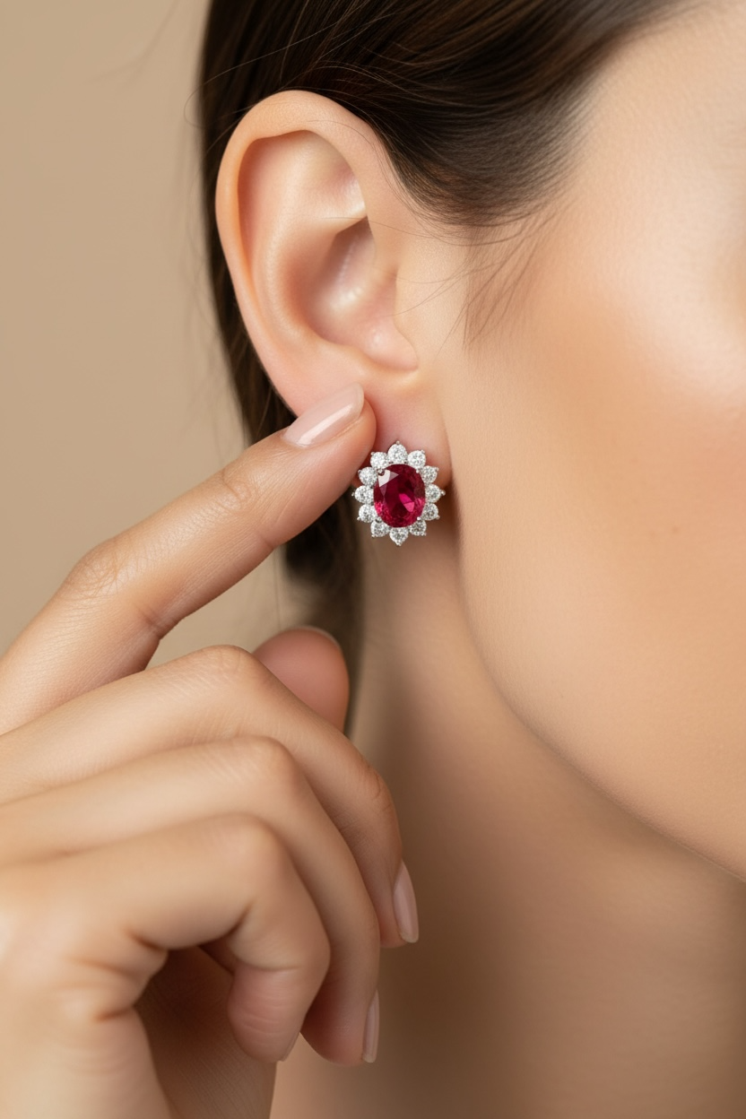 REINA Ruby Oval Solitaire with Round Cut Diamond Cluster Studs on pure 925 Silver
