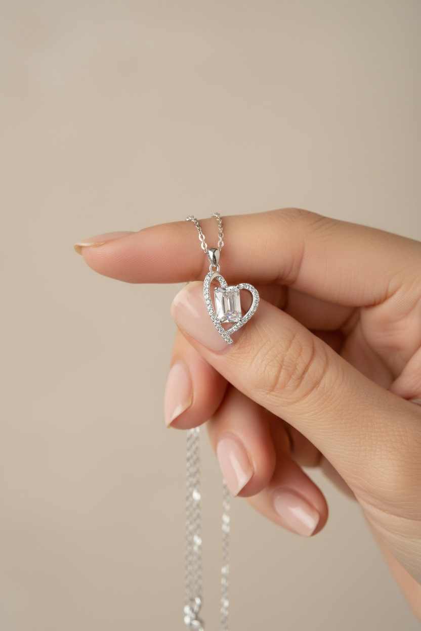 Pure 925 Silver Amora Heart Pendant with Emerald Cut Solitaire