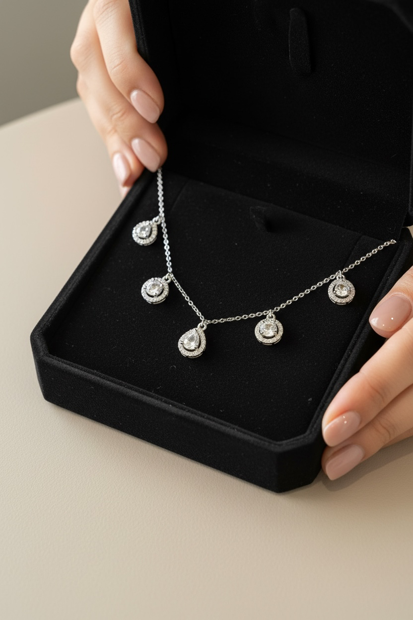 White Gold Finish Drop and Round Cut Solitaire Charms Necklace on pure 925 Silver