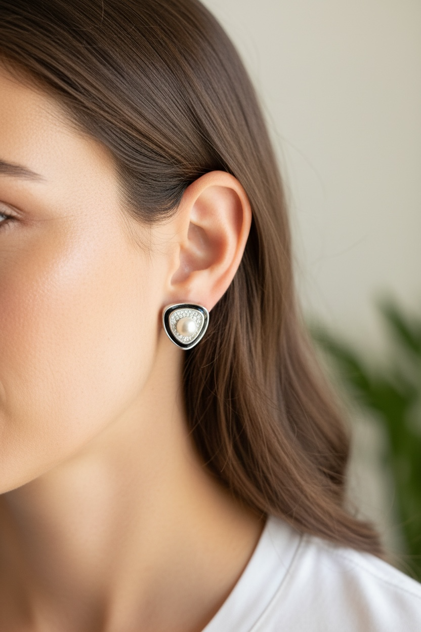 Premium Fresh Water Pearl EIRA Stud Earrings with Black Enamel on Pure 925 Silver