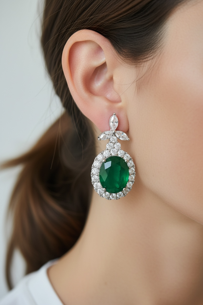 ZARE Diamond & Emerald Long Earrings on Pure 925 Silver