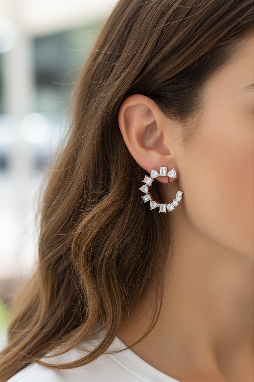 RUSO Diamond Semi Hoops Earrings on Pure 925 Silver