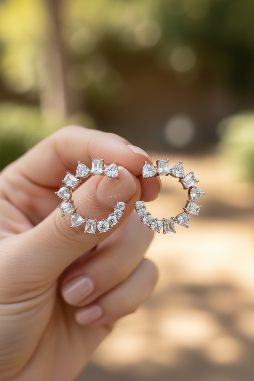 RUSO Diamond Semi Hoops Earrings on Pure 925 Silver