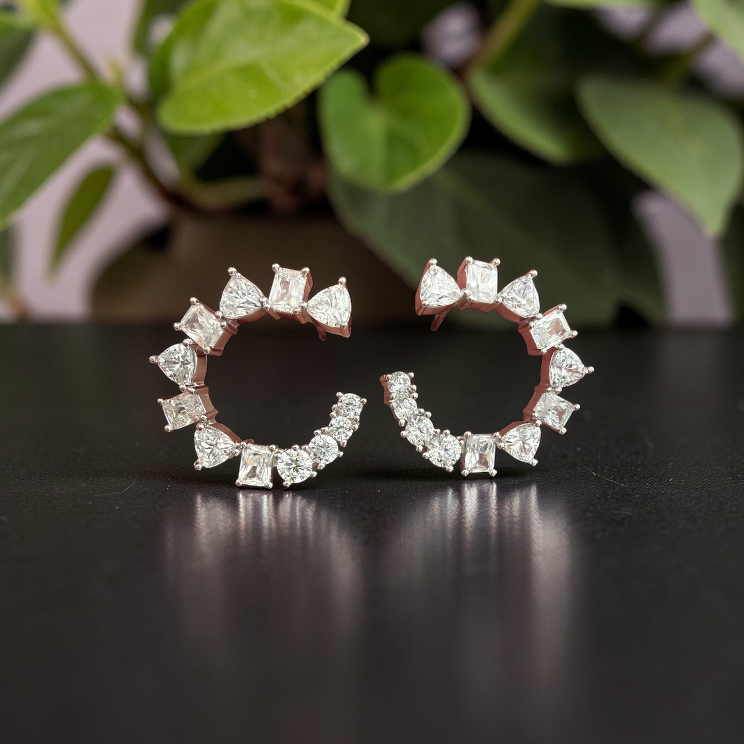RUSO Diamond Semi Hoops Earrings on Pure 925 Silver