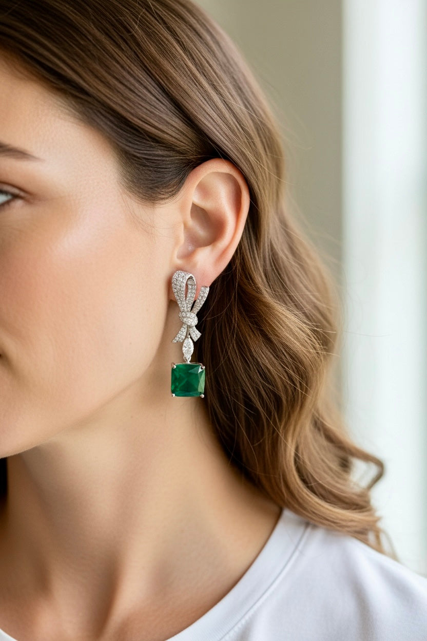 VELIN Diamond & Emerald Long Earrings on Pure 925 Silver