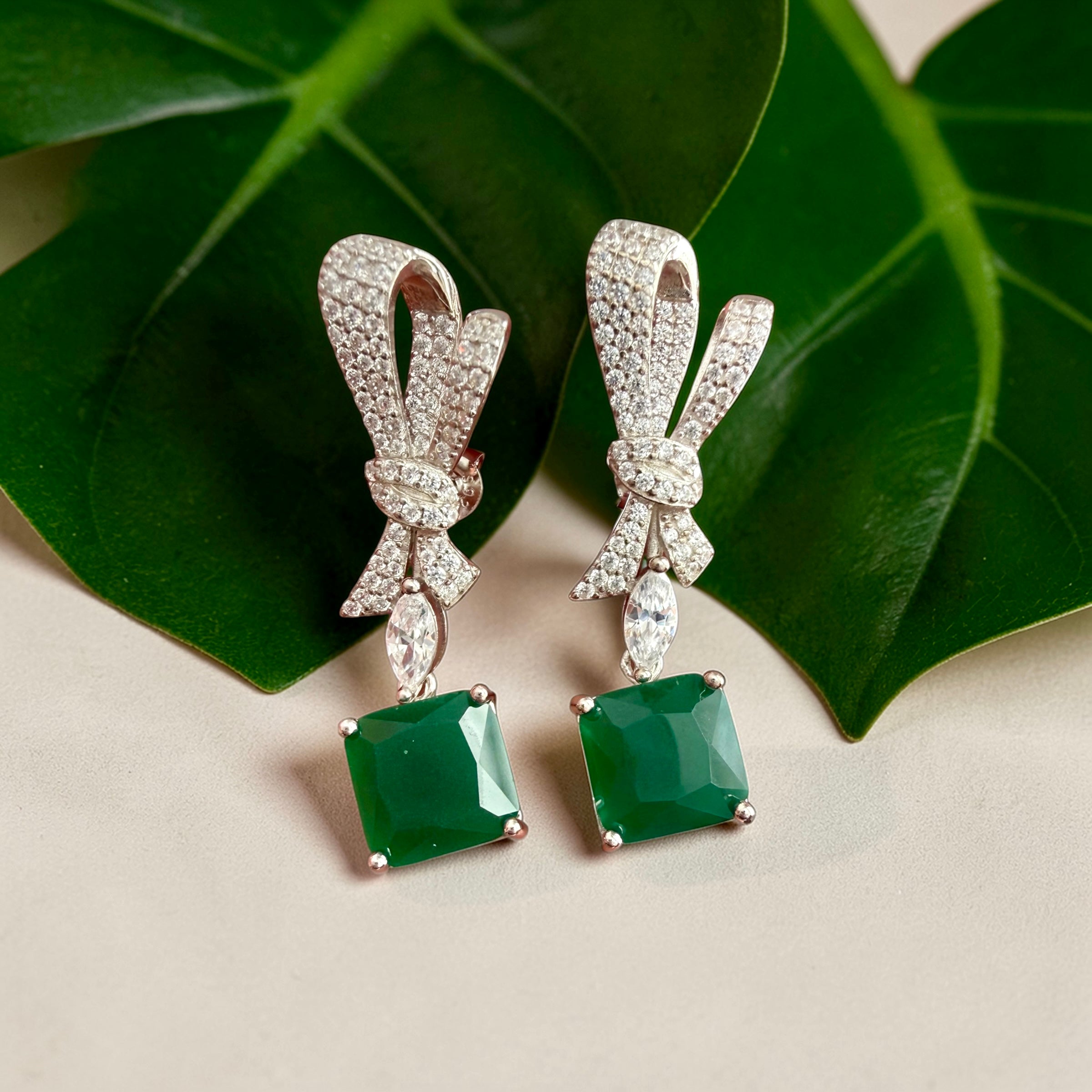 VELIN Diamond & Emerald Long Earrings on Pure 925 Silver