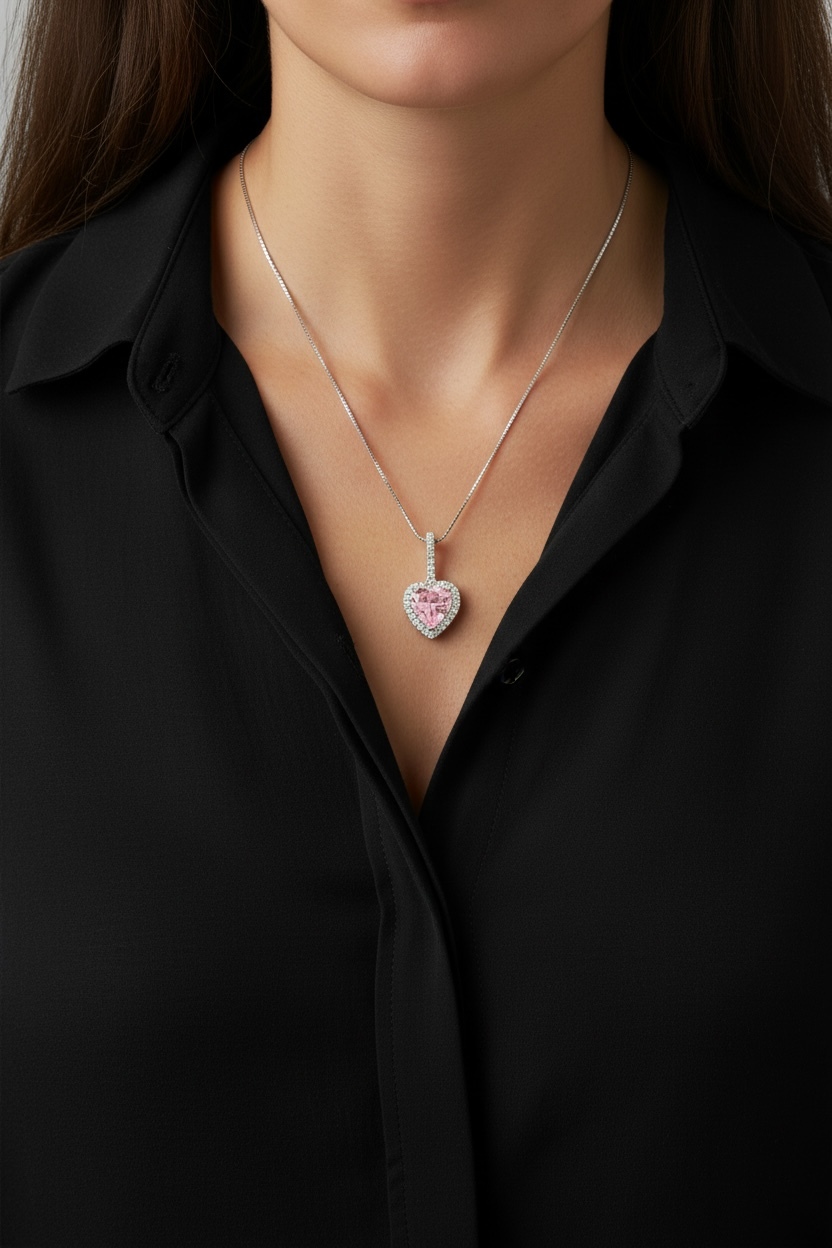 1.5 Carat Pink Heart Solitaire Missy Pendant with Chain on Pure 925 Silver.