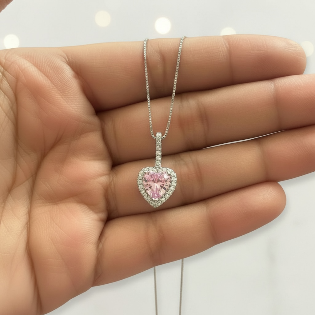 1.5 Carat Pink Heart Solitaire Missy Pendant with Chain on Pure 925 Silver.