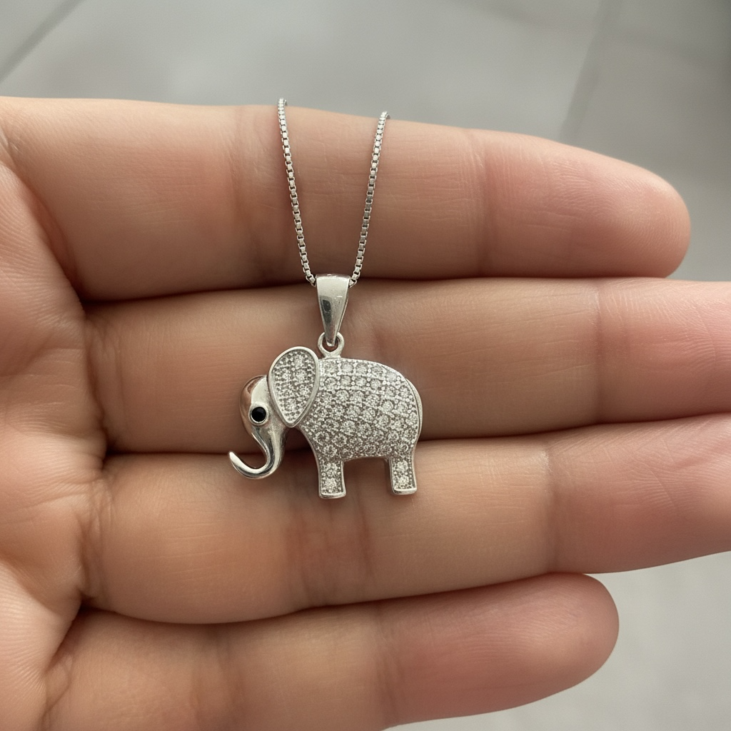 Solid Micro Setting Lucky Elephant Pendant with Chain on Pure 925 Silver