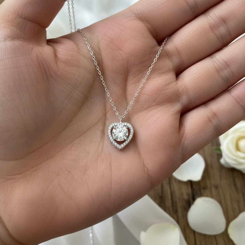 Niral Diamond Studded Heart Pendant with Centre Solitaire on Pure 925 Silver