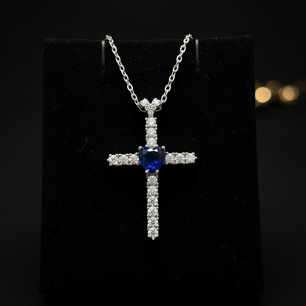 Diamond Studded GRACE Cross Pendant with Blue Heart Sapphire Solitaire on Pure 925 Silver