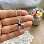 Diamond Studded GRACE Cross Pendant with Blue Heart Sapphire Solitaire on Pure 925 Silver