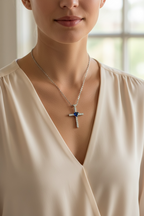 Diamond Studded GRACE Cross Pendant with Blue Heart Sapphire Solitaire on Pure 925 Silver