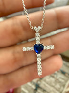 Diamond Studded GRACE Cross Pendant with Blue Heart Sapphire Solitaire on Pure 925 Silver