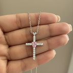 Diamond Studded GRACE Cross Pendant with Pink Heart Sapphire Solitaire on Pure 925 Silver