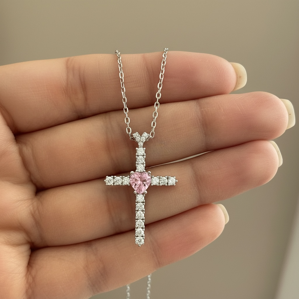 Diamond Studded GRACE Cross Pendant with Pink Heart Sapphire Solitaire on Pure 925 Silver