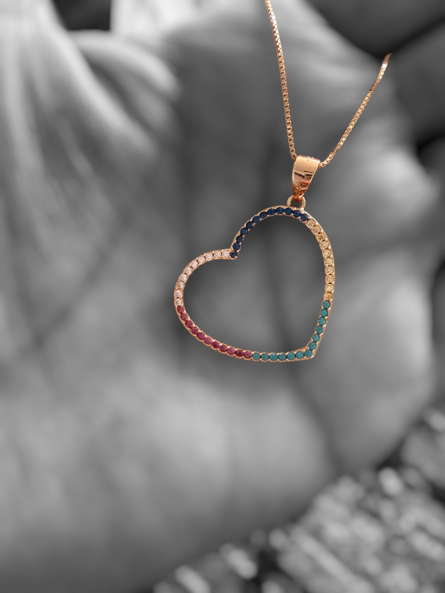 Multicolored Big Heart Rose Gold Charlie Pendant on pure 925 Silver