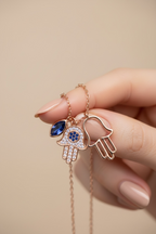 Diamond Studded Rose Gold RUNA Double Hamza Pendant with Chain on Pure 925 Silver