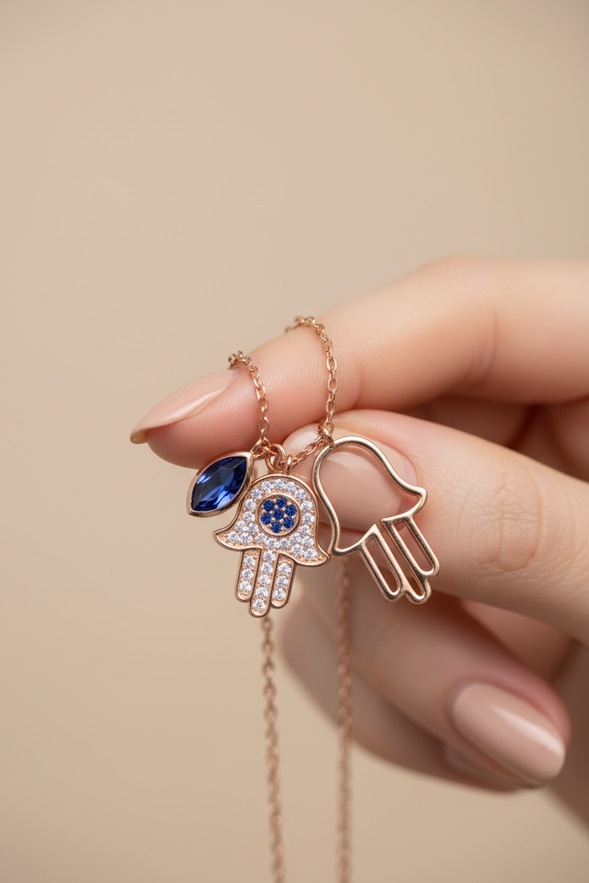Diamond Studded Rose Gold RUNA Double Hamza Pendant with Chain on Pure 925 Silver