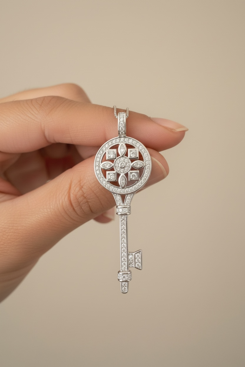 Diamond Studded Key Pendant with Chain on Pure 925 Silver