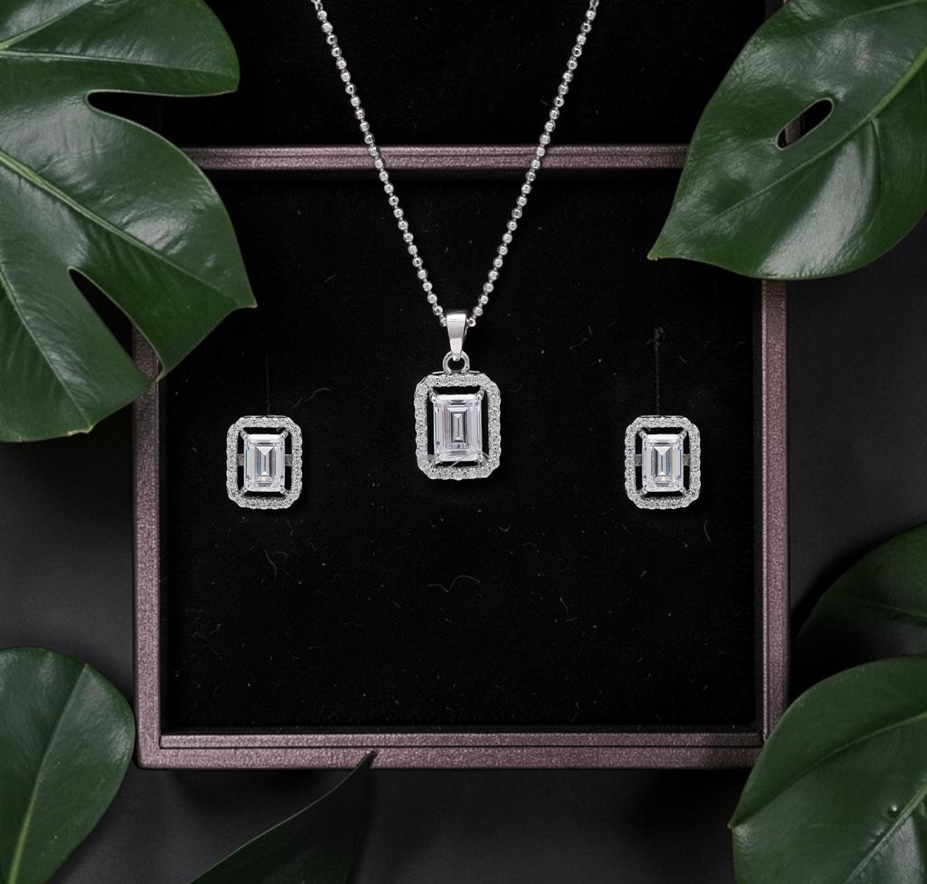 Premium Emerald Cut Solitaire Pendant Set with Premium Screw Back Studs on pure 925 Silver