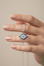 Eona Diamond Studded Blue Stone Evil Eye Pendant with Chain on Pure 925 Silver